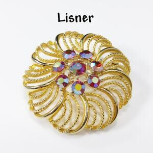 Vintage Lisner Floral Brooch, Red Aurora Borealis Rhinestones, 1960s Jewelry